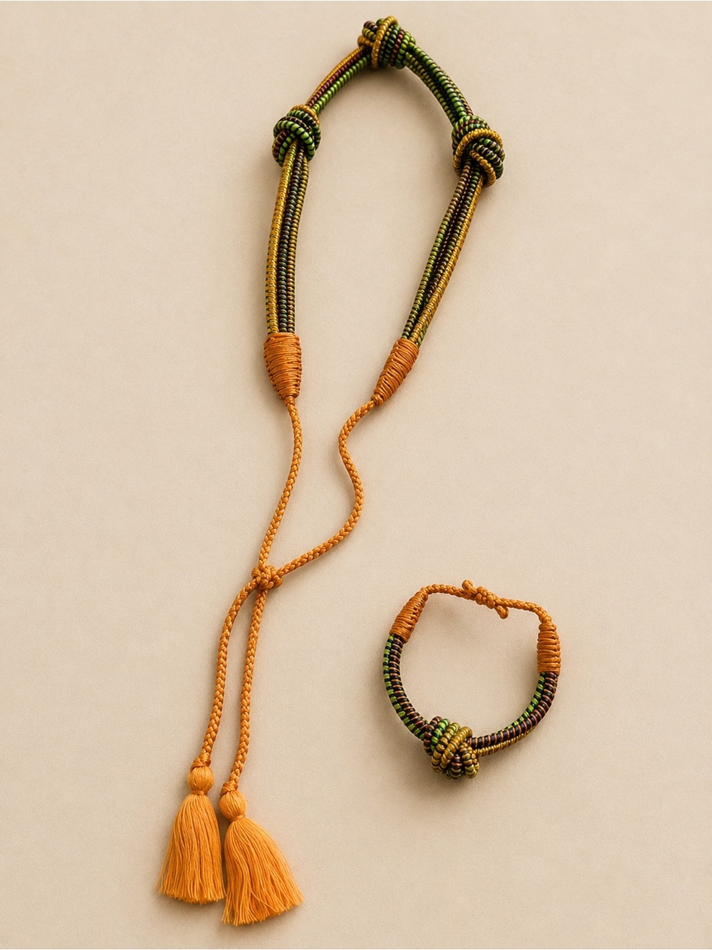 Handwoven Tassel Necklace and Knot Bracelet - Mustard & Olive